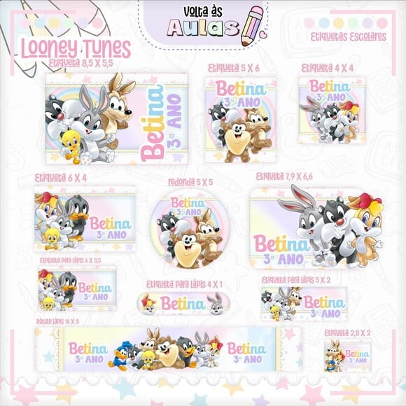 Leve + 13 Arquivo de Corte - Etiqueta Escolar (looney Tunes) c