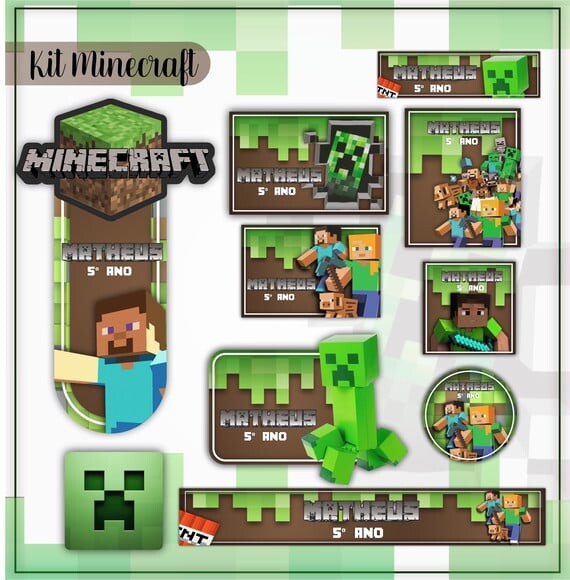 Leve + 13 Arquivo de Corte - Etiqueta Escolar (minecraft) c