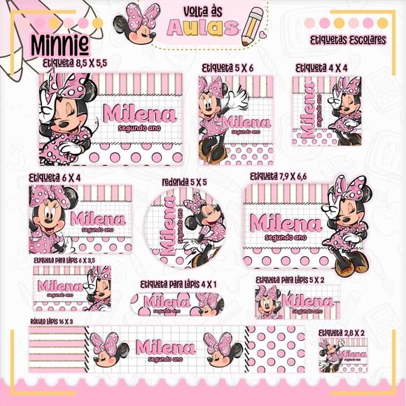 Leve + 13 Arquivo de Corte - Etiqueta Escolar (minnie Rosa) a