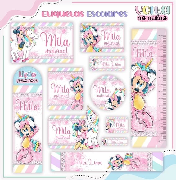 Leve + 13 Arquivo de Corte - Etiqueta Escolar (minnie Unicórnio)