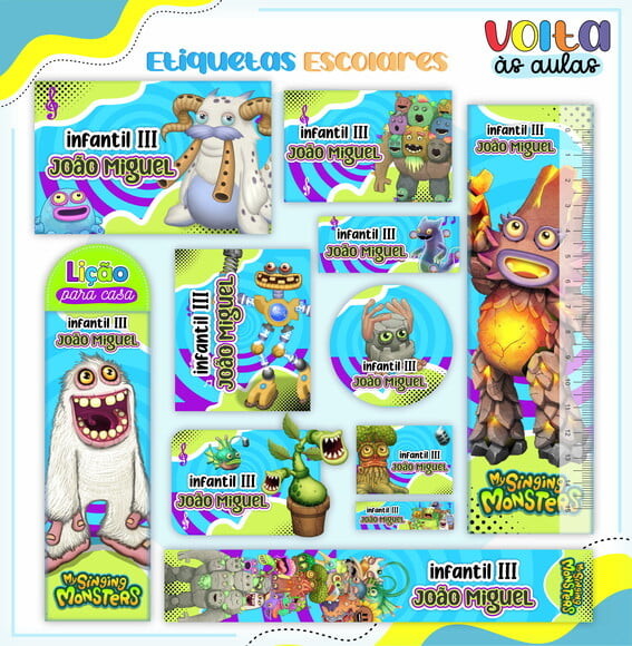 Leve + 13 Arquivo de Corte - Etiqueta Escolar (my Singing Monster