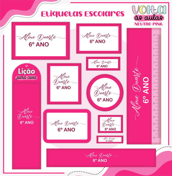 Leve + 13 Arquivo de Corte - Etiqueta Escolar (neutro Pink) a