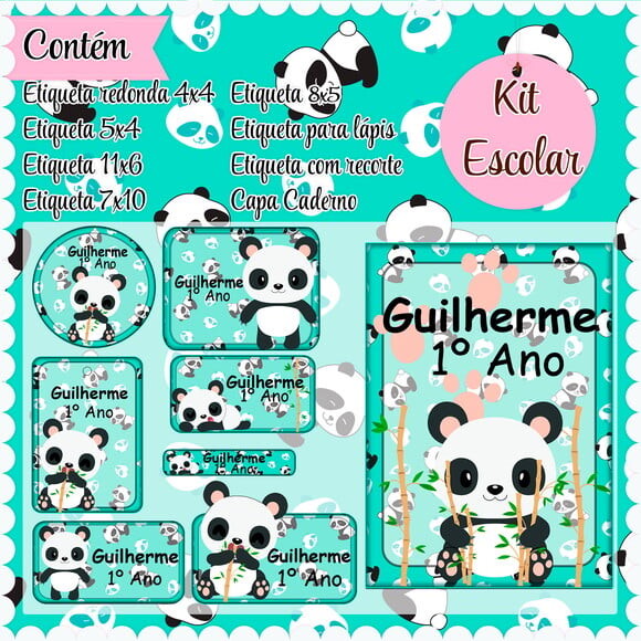 Leve + 13 Arquivo de Corte - Etiqueta Escolar (panda) c