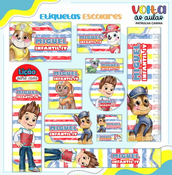 Leve + 13 Arquivo de Corte - Etiqueta Escolar (patrulha Canina) J