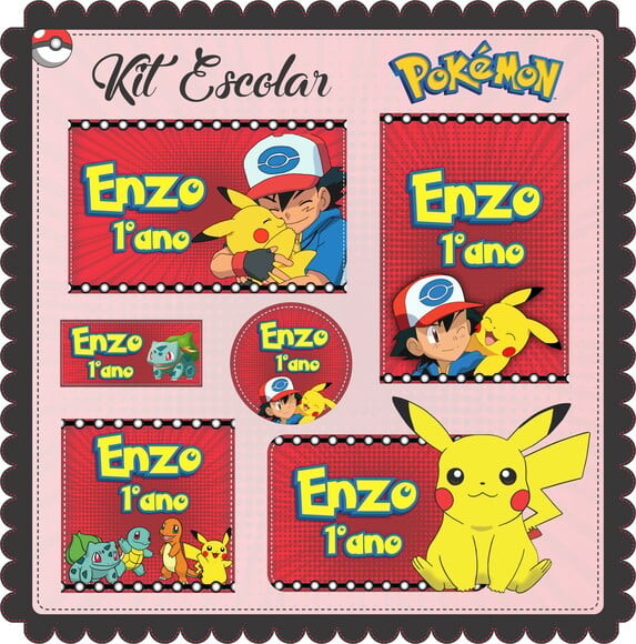 Leve + 13 Arquivo de Corte - Etiqueta Escolar (pokemon) a