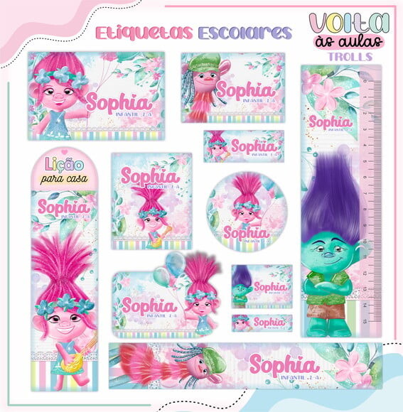 Leve + 13 Arquivo de Corte - Etiqueta Escolar (trolls) B