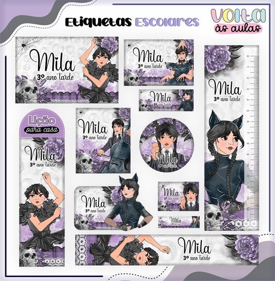 Leve + 13 Arquivo de Corte - Etiqueta Escolar (wandinha) c