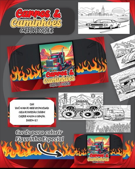 Leve + 13 Arquivo Digital - Cards para Colorir (carros e Caminhõ