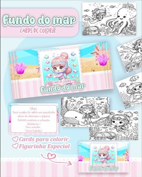 Leve + 13 Arquivo Digital - Cards para Colorir (fundo do Mar) 1