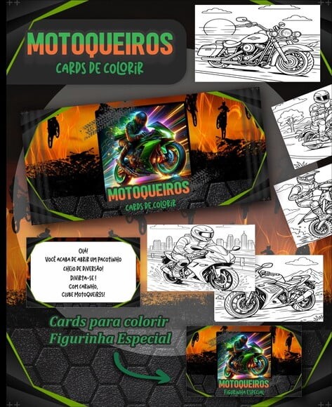 Leve + 13 Arquivo Digital - Cards para Colorir (motoqueiros) 1