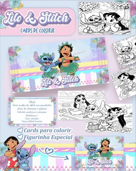 Leve + 13 Arquivo Digital - Cards para Colorir (lilo e Stitch) 1