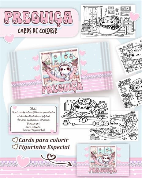 Leve + 13 Arquivo Digital - Cards para Colorir (preguiça Kawaii)