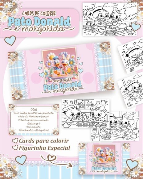 Leve + 13 Arquivo Digital - Cards para Colorir Pato Donald e Marg
