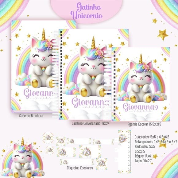 Leve + 13 Arquivo Digital - Etiqueta Escolar (gatinho Unicórnio)