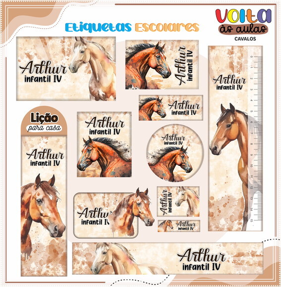 Leve + 13 - Arquivo de Corte - Etiqueta Escolar (cavalos) a