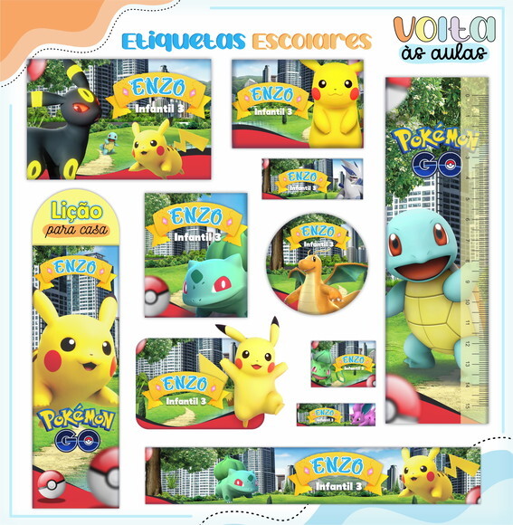Leve + 13 - Arquivo de Corte - Etiqueta Escolar (pokemon) F
