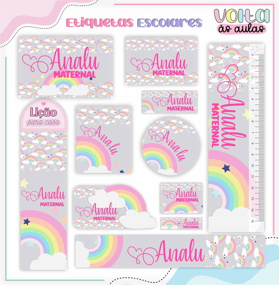 Leve + 13 Arquivo de Corte - Etiqueta Escolar (arco-íris) F