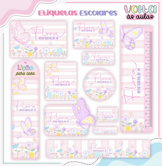 Leve + 13 Arquivo de Corte - Etiqueta Escolar (borboleta) e