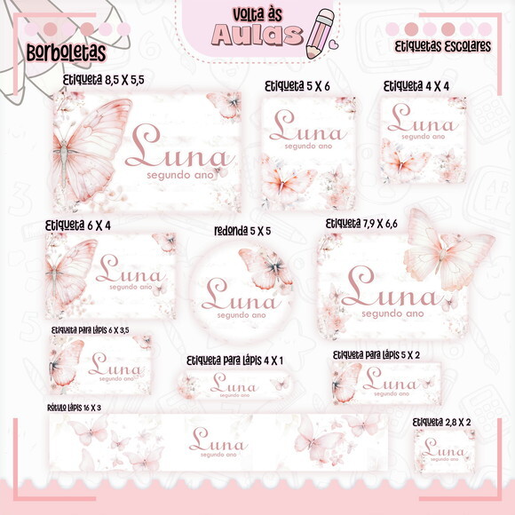 Leve + 13 Arquivo de Corte - Etiqueta Escolar (borboleta) G