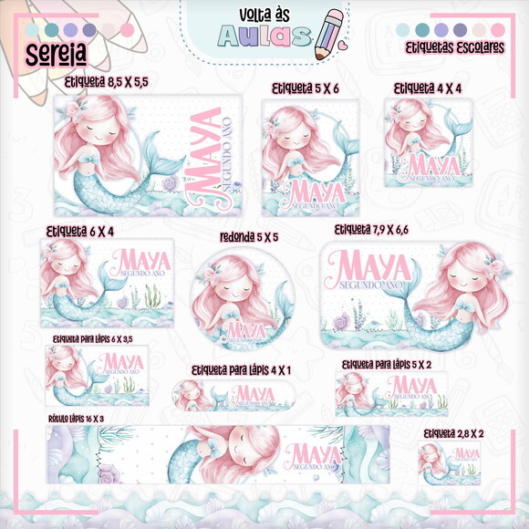 Leve + 13 Arquivo de Corte - Etiqueta Escolar (sereia) I