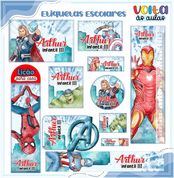 Leve + 13 Arquivo de Corte - Etiqueta Escolar (vingadores) G