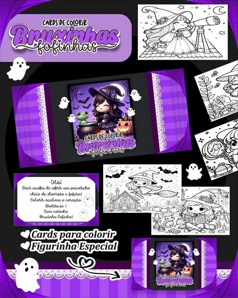 Leve + 13 Arquivo Digital - Cards para Colorir (bruxinhas) 1