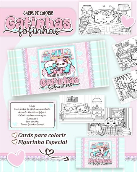 Leve + 13 Arquivo Digital - Cards para Colorir (gatinhas) 1
