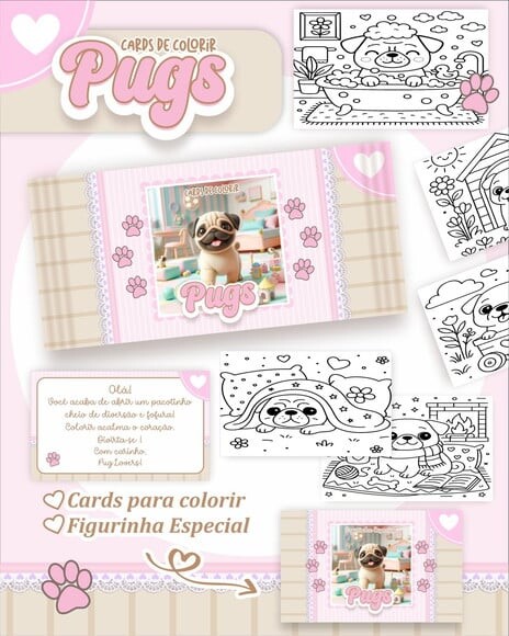 Leve + 13 Arquivo Digital - Cards para Colorir (pug) 1