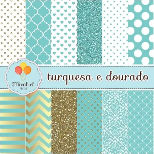 Papel Digital - Turquesa e Dourado 1