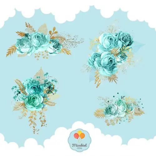 Clipart - Flores (aqua e Dourado) 1