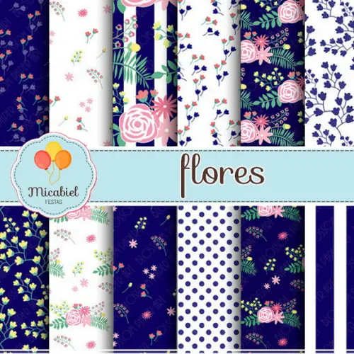Papel Digital - Flores (azul) 2