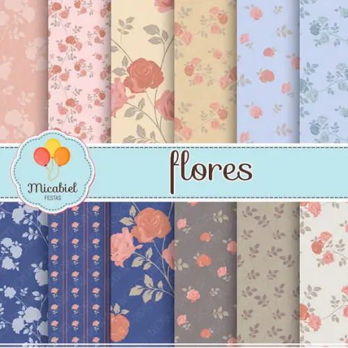Papel Digital - Flores (pêssego e Azul) 1