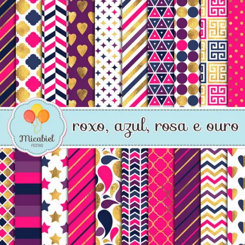 Papel Digital - Roxo, Azul, Rosa e Ouro 1