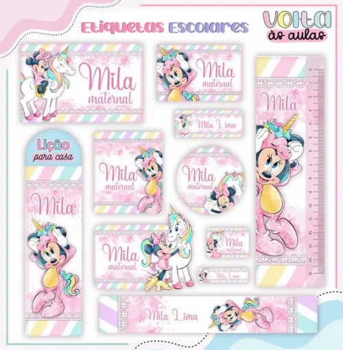 Arquivo de Corte - Etiqueta Escolar (minnie Unicórnio) a