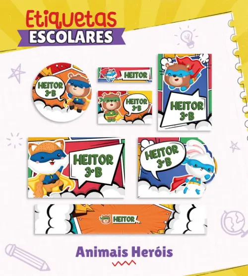 Arquivo de Corte - Etiqueta Escolar (animais Heróis) a