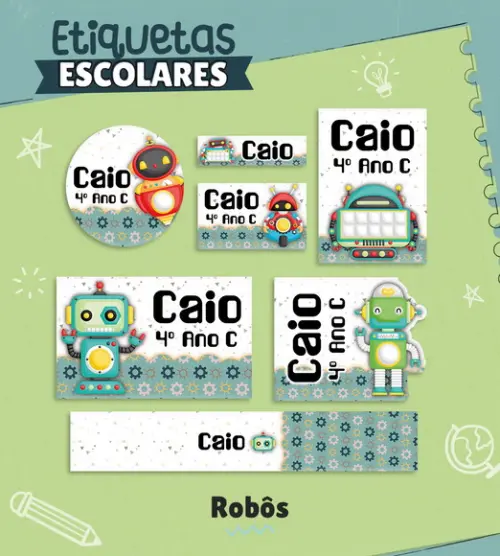 Arquivo de Corte - Etiqueta Escolar (robôs) B