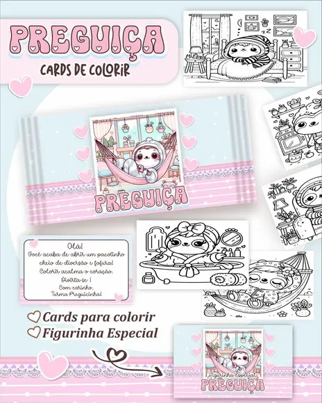 Arquivo Digital - Cards para Colorir (preguiça Kawaii) 1