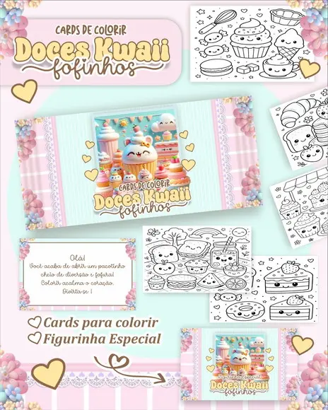 Arquivo Digital - Cards para Colorir (doces Kawaii) 1