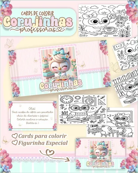 Arquivo Digital - Cards para Colorir Corujinha Professora 1