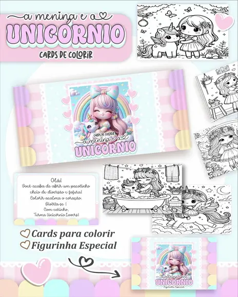 Arquivo Digital - Cards para Colorir Menina e Unicórnio 1