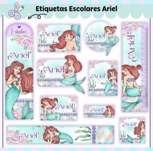 Leve + 13 Arquivo de Corte - Etiqueta Escolar (a Pequena Sereia) F