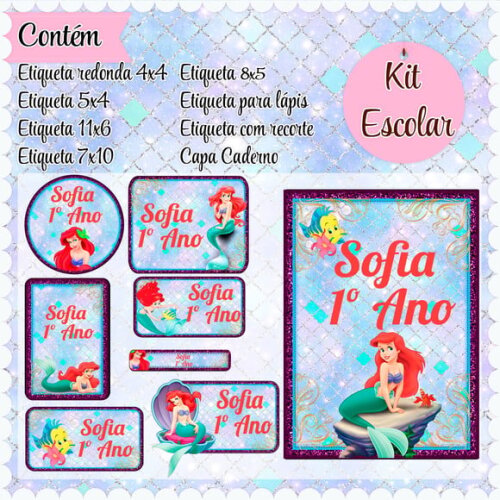 Leve + 13 Arquivo de Corte - Etiqueta Escolar (a Pequena Sereia) H