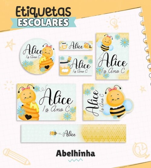 Leve + 13 Arquivo de Corte - Etiqueta Escolar (abelha) D