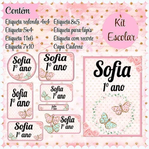 Leve + 13 Arquivo de Corte - Etiqueta Escolar (borboleta) F