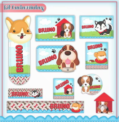 Leve + 13 Arquivo de Corte - Etiqueta Escolar (cachorrinho) a