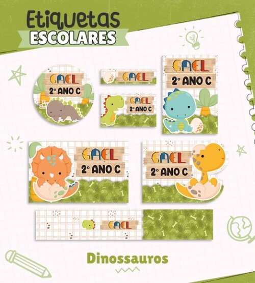 Leve + 13 Arquivo de Corte - Etiqueta Escolar (dinossauros) K