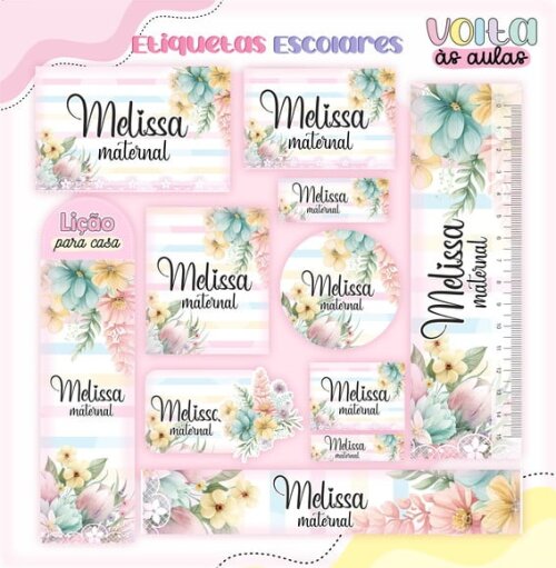 Leve + 13 Arquivo de Corte - Etiqueta Escolar (floral) H