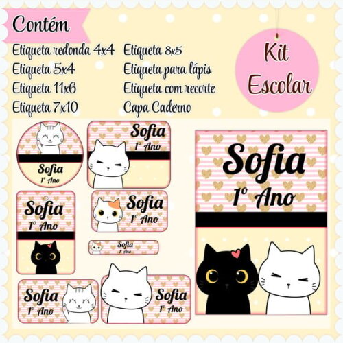 Leve + 13 Arquivo de Corte - Etiqueta Escolar (gatinha) F