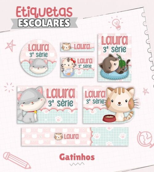 Leve + 13 Arquivo de Corte - Etiqueta Escolar (gatinha) e
