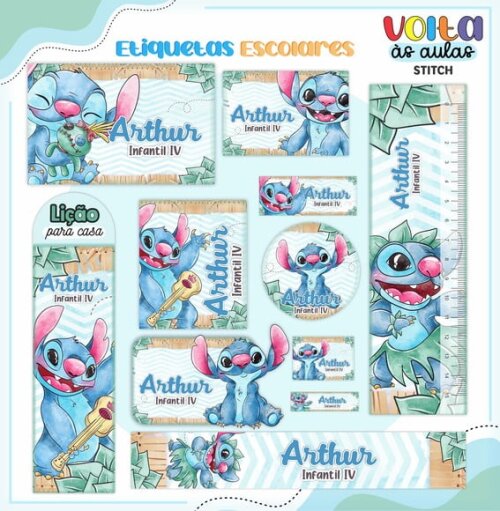 Leve + 13 Arquivo de Corte - Etiqueta Escolar (lilo e Stitch) D